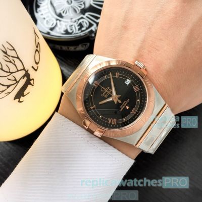 Copy Omega Double Eagle Watch Two Tone Rose Gold Black Dial 42mm